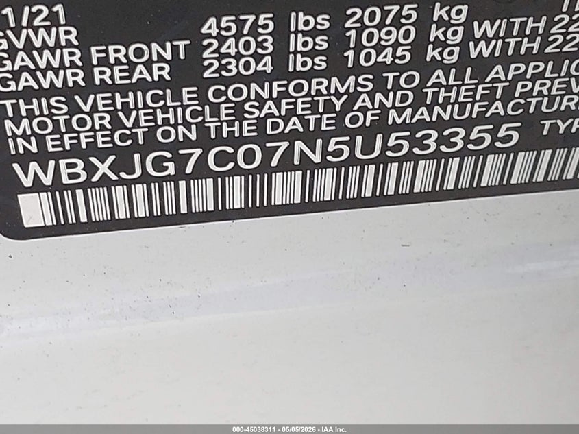 2022 BMW X1 VIN WBXJG7C07N5U53355 IAAI salvage auction — FRONT & REAR, Salvage (Texas), sold $2,125 on 2026-07-18 (photo 9)