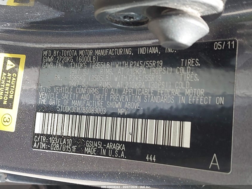 2011 Toyota Highlander VIN 5TDDK3EH7BS083003 IAAI salvage auction — SIDE, Original (Texas), sold $3,850 on 2026-07-09 (photo 9)