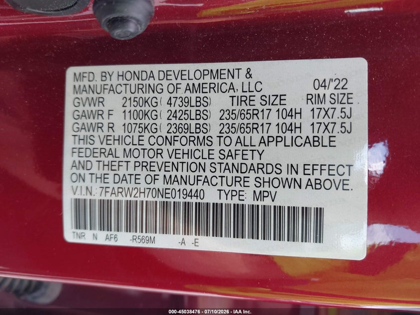 2022 Honda Cr-v VIN 7FARW2H70NE019440 IAAI salvage auction — REAR END, Mv-907A (New York), sold $5,100 on 2026-07-21 (photo 9)