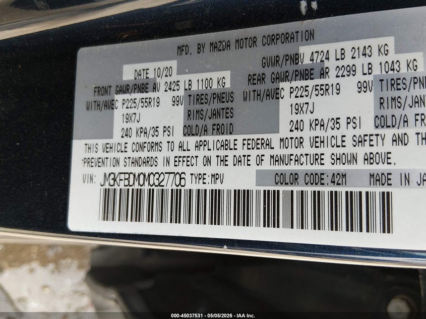 2021 Mazda Cx-5 VIN JM3KFBDM0M0327706 IAAI salvage auction — VANDALISM, Original (Texas), sold $8,800 on 2026-07-14 (photo 9)