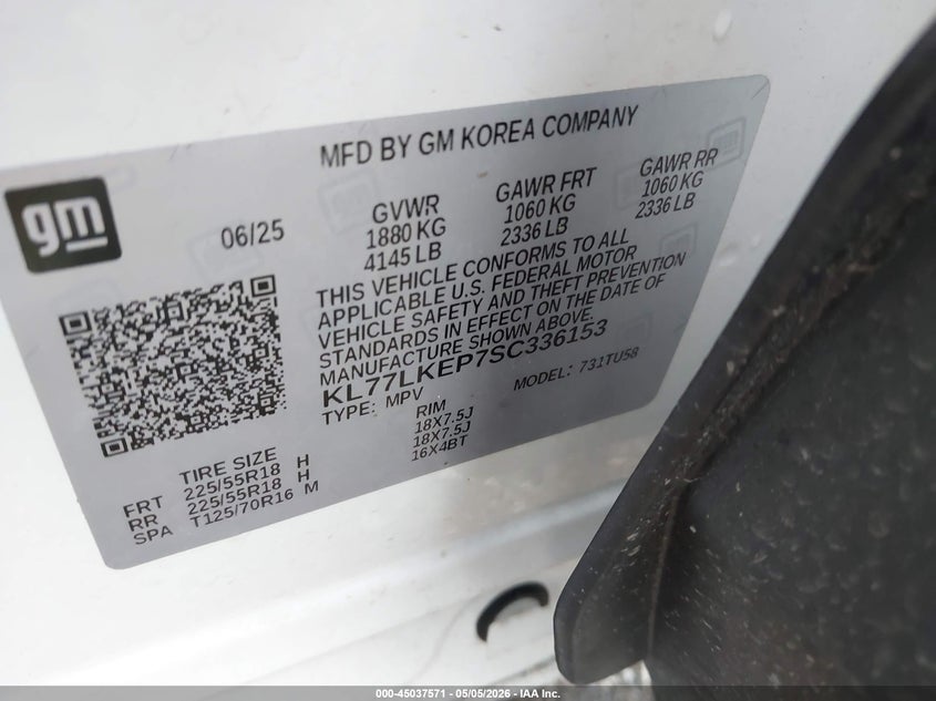 2025 Chevrolet Trax VIN KL77LKEP7SC336153 IAAI salvage auction — FRONT END, Salvage Title, sold $5,100 on 2026-07-30 (photo 9)