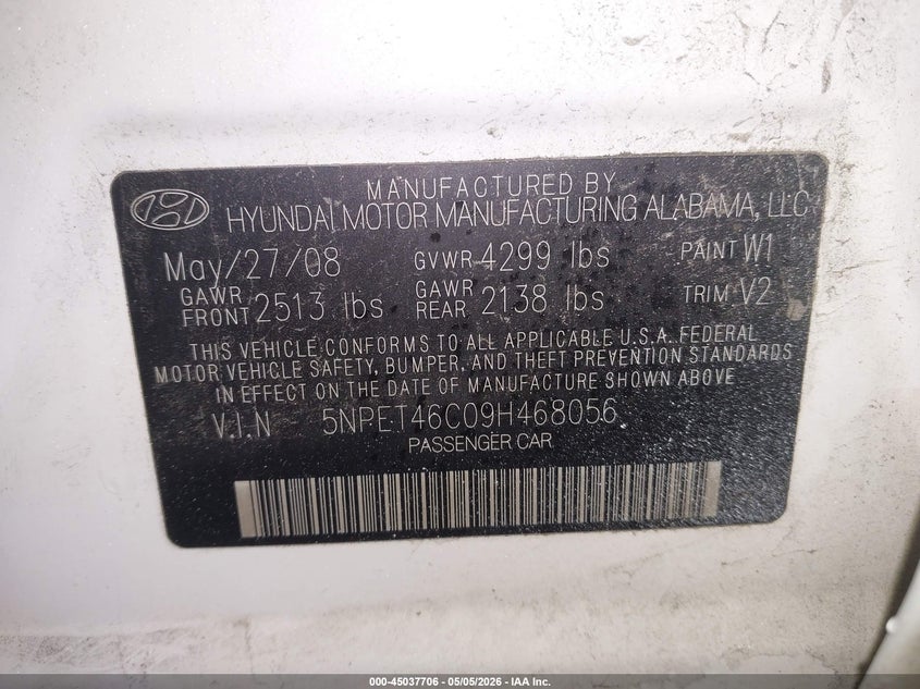 2009 Hyundai Sonata VIN 5NPET46C09H468056 IAAI salvage auction — REAR END, Salvage (Maine), sold $325 on 2026-07-27 (photo 9)