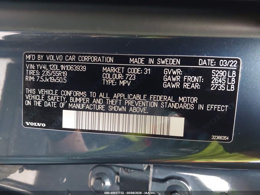 2022 Volvo Xc60 VIN YV4L12DL1N1063939 IAAI salvage auction — RIGHT FRONT, Original (Texas), sold $11,700 on 2026-07-09 (photo 9)