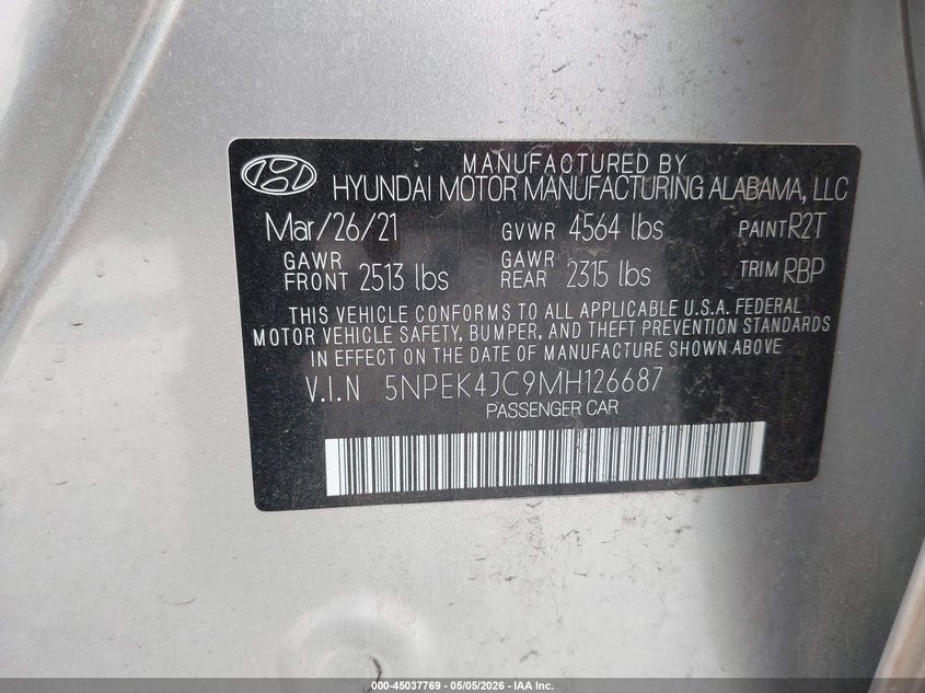 2021 Hyundai Sonata VIN 5NPEK4JC9MH126687 IAAI salvage auction — RIGHT SIDE, Salvage (Missouri), sold $4,150 on 2026-07-06 (photo 9)