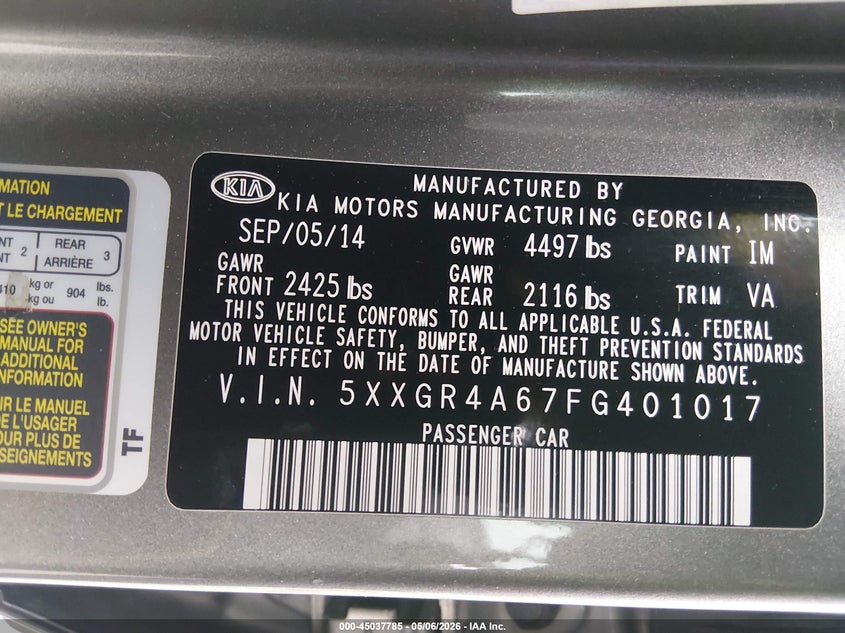 2015 Kia Optima VIN 5XXGR4A67FG401017 IAAI salvage auction — LEFT REAR, Salvage (Illinois), sold $850 on 2026-07-07 (photo 9)