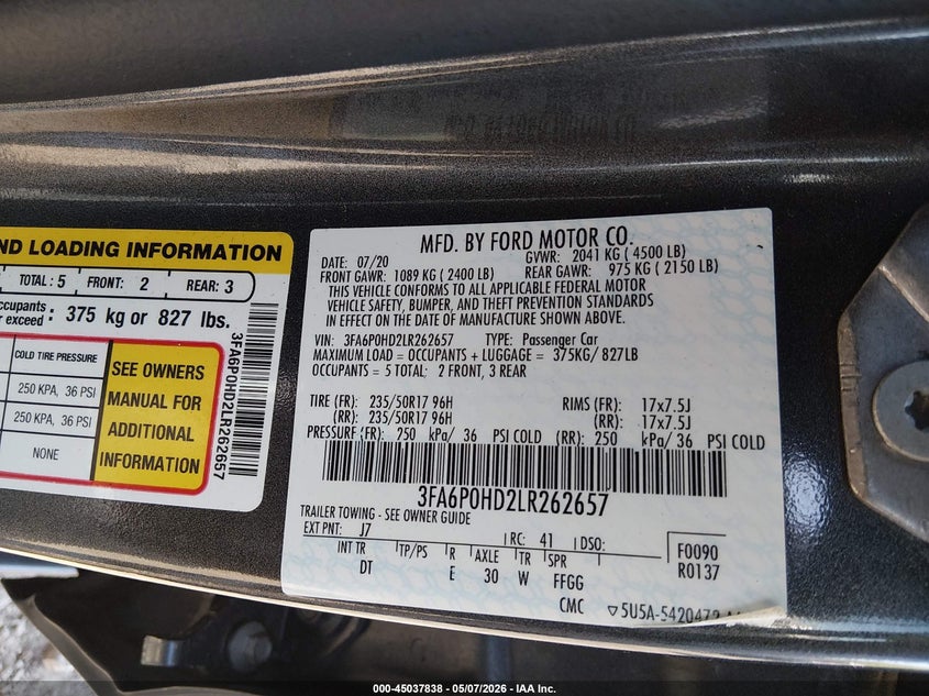 2020 Ford Fusion VIN 3FA6P0HD2LR262657 IAAI salvage auction — FRONT END, Salvage (Illinois), sold $1,500 on 2026-07-09 (photo 9)