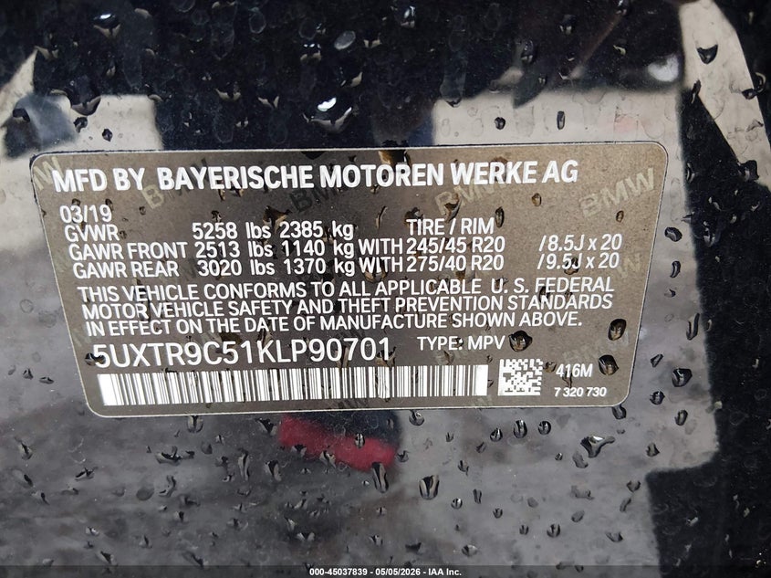 2019 BMW X3 VIN 5UXTR9C51KLP90701 IAAI salvage auction — HAIL, Original (Texas), sold $12,000 on 2026-07-17 (photo 9)