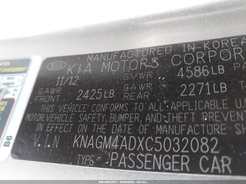 2012 Kia VIN KNAGM4ADXC5032082 IAAI salvage auction — NORMAL WEAR, Clear (Virginia), sold $650 on 2026-07-20 (photo 9)