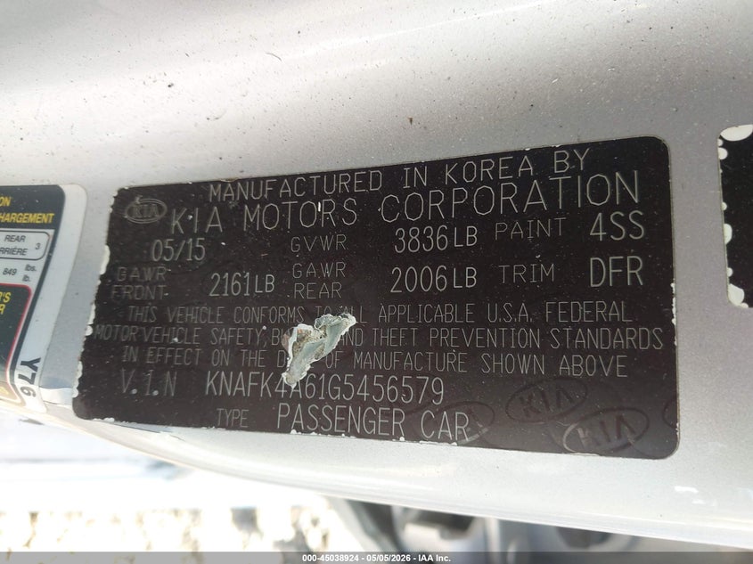 2016 Kia Forte VIN KNAFK4A61G5456579 IAAI salvage auction — LEFT SIDE, Salvage (Alabama), sold $1,050 on 2026-07-08 (photo 9)