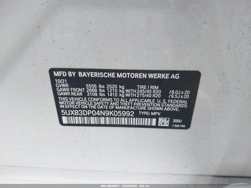2022 BMW X3 VIN 5UX83DP04N9K05992 IAAI salvage auction — FRONT & REAR, Salvage (Idaho), sold $26,400 on 2026-07-14 (photo 9)