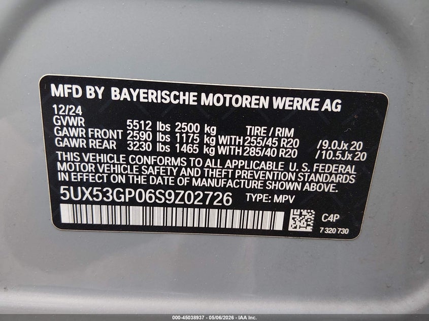 2025 BMW X3 VIN 5UX53GP06S9Z02726 IAAI salvage auction — FRONT END, Salvage (New Jersey), sold $23,300 on 2026-07-20 (photo 9)