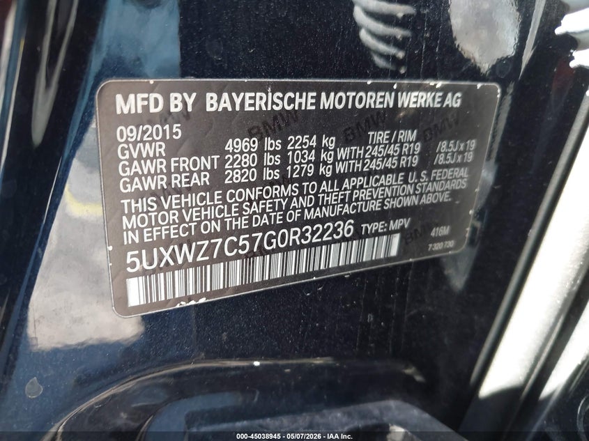 2016 BMW X3 VIN 5UXWZ7C57G0R32236 IAAI salvage auction — FRONT END, Certificate Of Destruction (Florida), sold $25 on 2026-07-30 (photo 9)