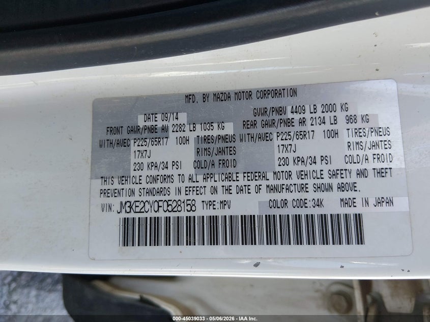 2015 Mazda Cx-5 VIN JM3KE2CY0F0528158 IAAI salvage auction — LEFT REAR, Salvage (New Mexico), sold $1,700 on 2026-07-29 (photo 9)