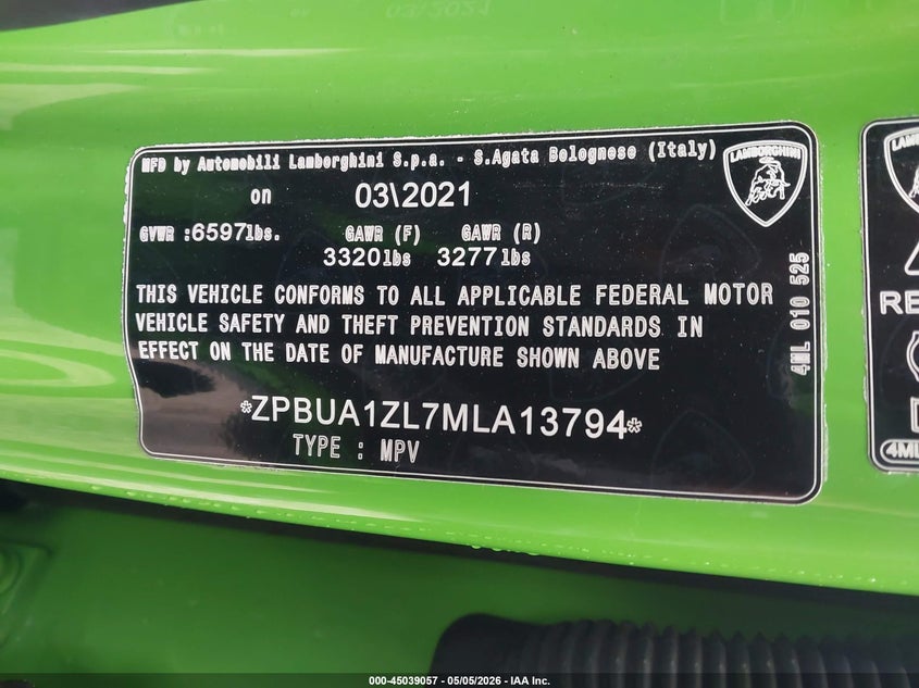 2021 Lamborghini Urus VIN ZPBUA1ZL7MLA13794 IAAI salvage auction — SIDE, Clear (Oklahoma), sold $126,500 on 2026-07-07 (photo 9)