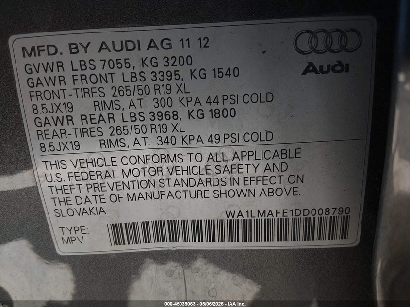 2013 Audi Q7 VIN WA1LMAFE1DD008790 IAAI salvage auction — LEFT SIDE, Salvage (California), sold $2,400 on 2026-07-13 (photo 9)