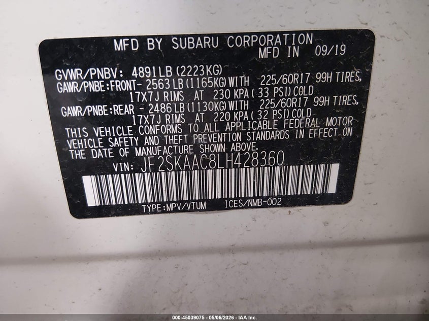 2020 Subaru Forester VIN JF2SKAAC8LH428360 IAAI salvage auction — REAR END, Salvage (Iowa), sold $4,750 on 2026-07-16 (photo 9)