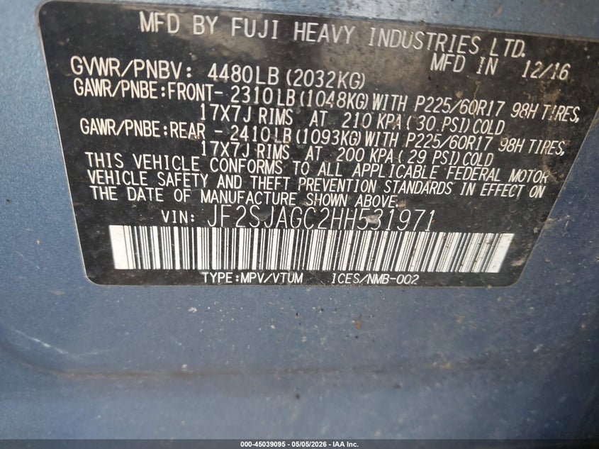 2017 Subaru Forester VIN JF2SJAGC2HH531971 IAAI salvage auction — NORMAL WEAR, Salvage (Texas), sold $2,250 on 2026-07-20 (photo 9)