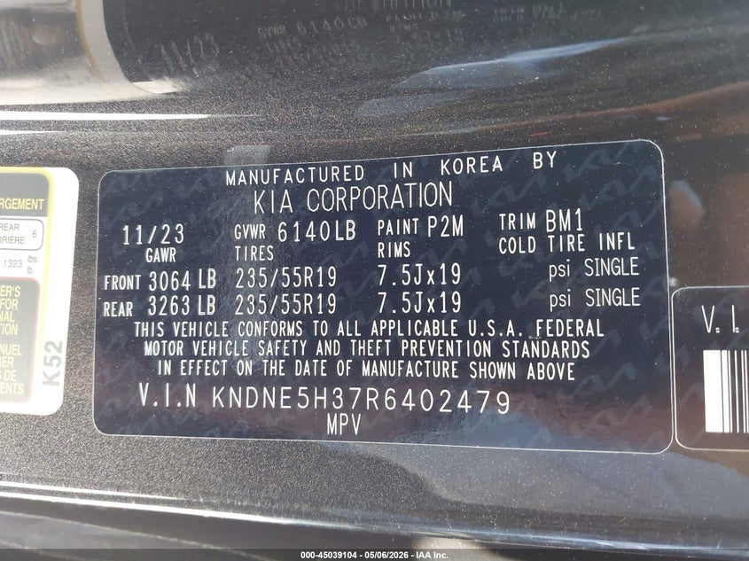 2024 Kia Carnival VIN KNDNE5H37R6402479 IAAI salvage auction — RIGHT FRONT, Salvage (California), sold $9,400 on 2026-07-08 (photo 9)