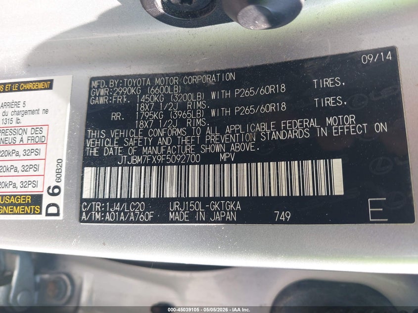 2015 Lexus Gx VIN JTJBM7FX9F5092700 IAAI salvage auction — FRONT END, Salvage - Greater Than 75% (Maryland), sold $12,500 on 2026-07-13 (photo 9)
