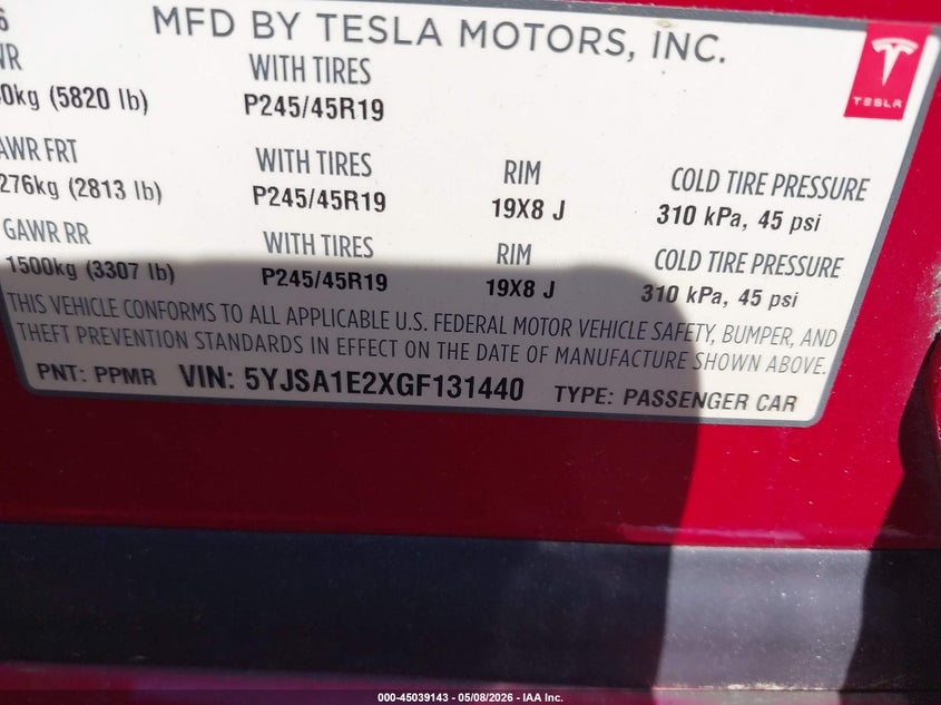 2016 Tesla Model s VIN 5YJSA1E2XGF131440 IAAI salvage auction — RIGHT SIDE, Salvage (Virginia), sold $5,550 on 2026-07-13 (photo 9)
