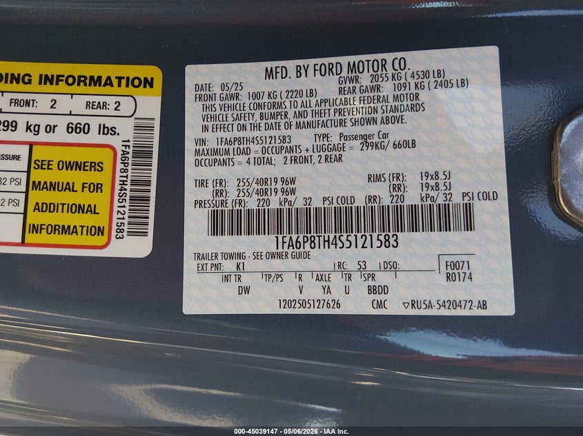 2025 Ford Mustang VIN 1FA6P8TH4S5121583 IAAI salvage auction — REAR END, Salvage (Missouri), sold $9,125 on 2026-07-09 (photo 9)