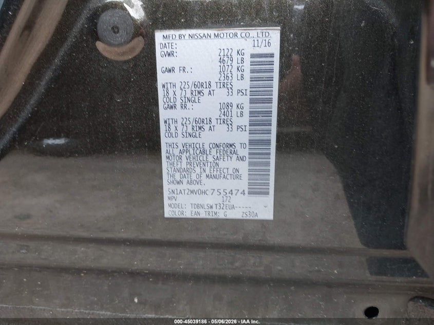 2017 Nissan Rogue VIN 5N1AT2MV0HC755474 IAAI salvage auction — LEFT FRONT, Salvage (Massachusetts), sold $1,300 on 2026-07-18 (photo 9)