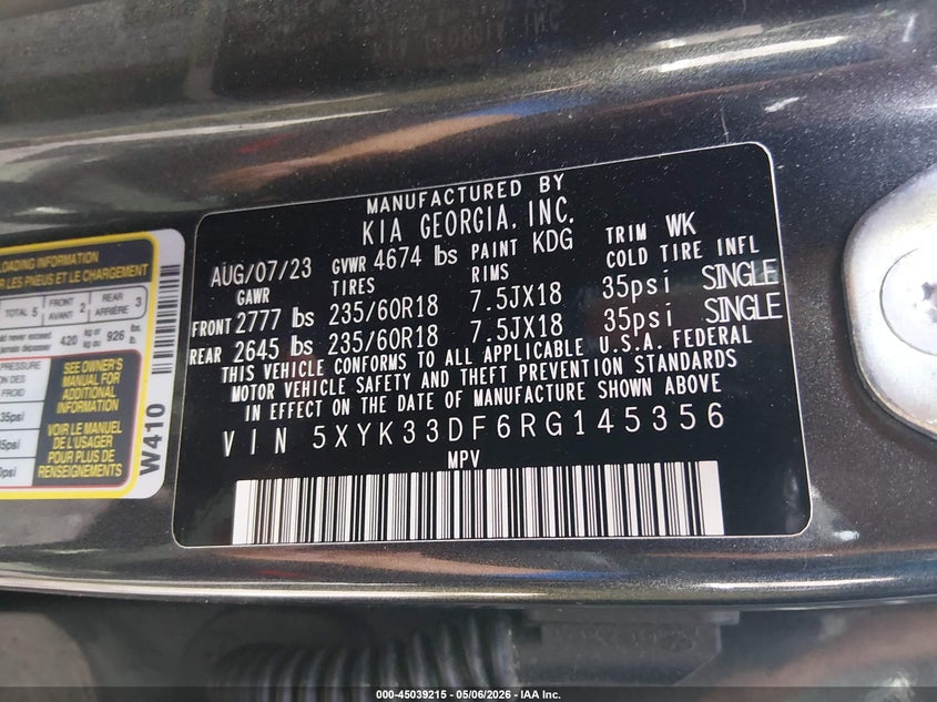 2024 Kia Sportage VIN 5XYK33DF6RG145356 IAAI salvage auction — FRONT & REAR, Salvage (Georgia), sold $5,300 on 2026-07-17 (photo 9)