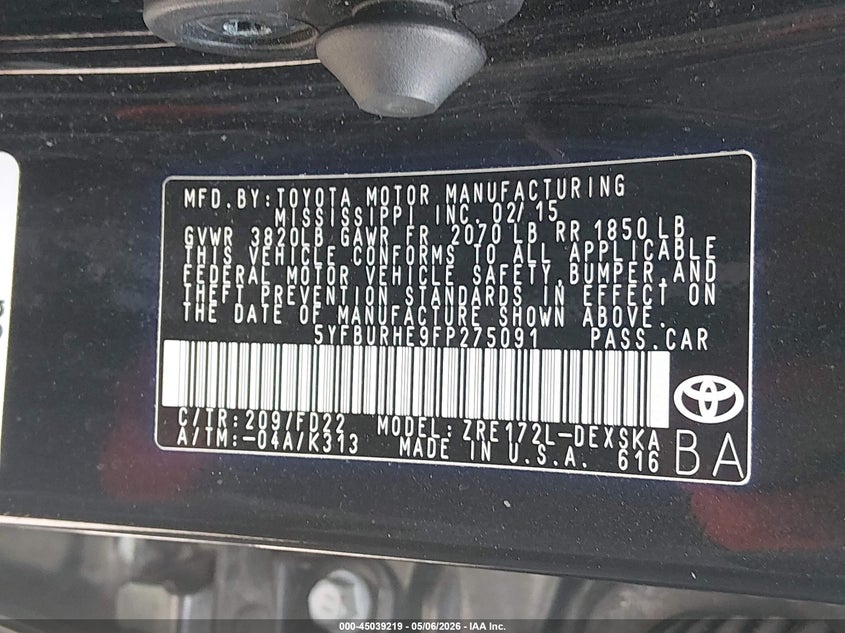 2015 Toyota Corolla VIN 5YFBURHE9FP275091 IAAI salvage auction — FRONT END, Salvage (Kentucky), sold $2,450 on 2026-07-20 (photo 9)
