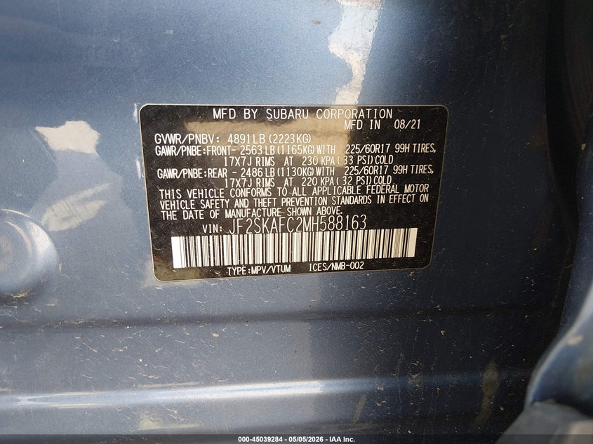2021 Subaru Forester VIN JF2SKAFC2MH588163 IAAI salvage auction — FRONT END, Salvage (Maine), sold $5,300 on 2026-07-20 (photo 9)