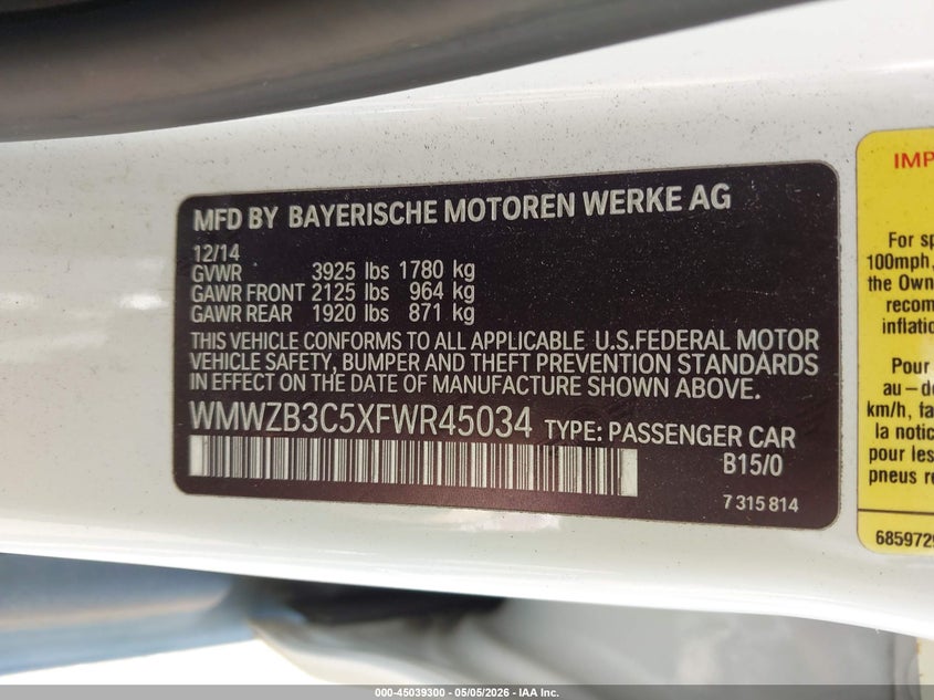 2015 Mini Countryman VIN WMWZB3C5XFWR45034 IAAI salvage auction — LEFT SIDE, Clear (Hawaii), sold $500 on 2026-07-07 (photo 9)