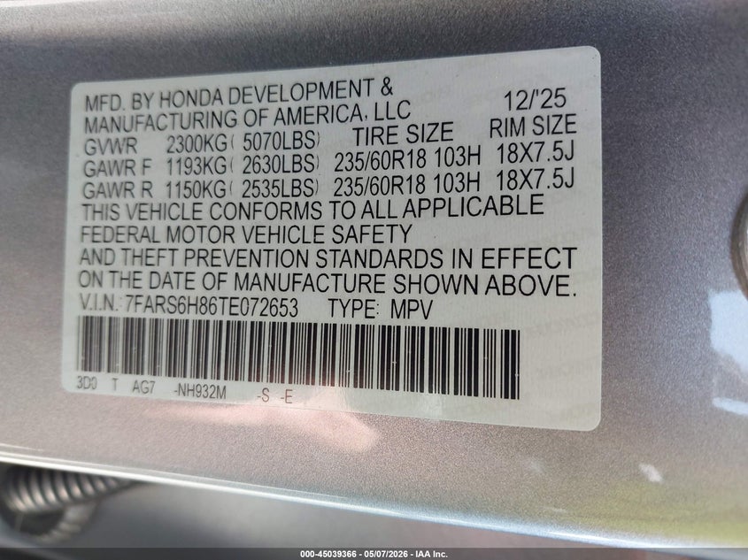 2026 Honda Cr-v VIN 7FARS6H86TE072653 IAAI salvage auction — RIGHT SIDE, Salvage (California), sold $18,500 on 2026-07-13 (photo 9)