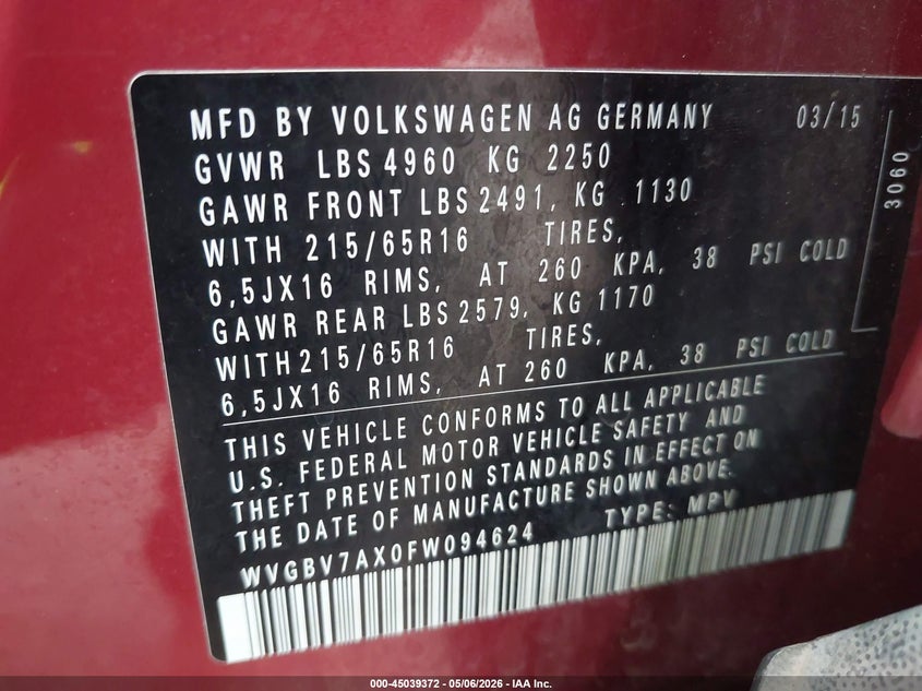 2015 Volkswagen Tiguan VIN WVGBV7AX0FW094624 IAAI salvage auction — NORMAL WEAR, Clear (Hawaii), sold $850 on 2026-07-14 (photo 9)
