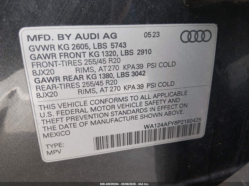 2023 Audi Sq5 sportback VIN WA124AFY6P2160425 IAAI salvage auction — FRONT END, Salvage Title, sold $15,500 on 2026-09-17 (photo 9)