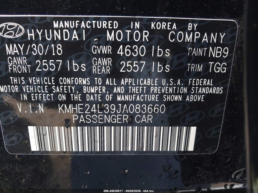2018 Hyundai Sonata VIN KMHE24L39JA083660 IAAI salvage auction — RIGHT SIDE, Salvage (California), sold $1,550 on 2026-07-27 (photo 9)