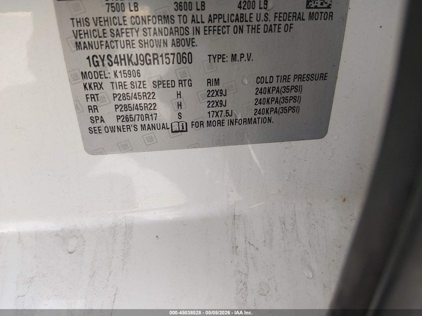 2016 Cadillac Escalade VIN 1GYS4HKJ9GR157060 IAAI salvage auction — FRONT END, Salvage (South Carolina), sold $3,400 on 2026-07-25 (photo 9)