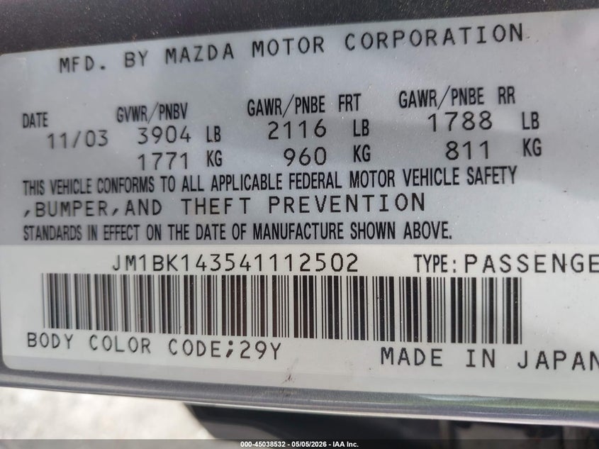 2004 Mazda 3 VIN JM1BK143541112502 IAAI salvage auction — FRONT END, Salvage (California), sold $850 on 2026-07-08 (photo 9)