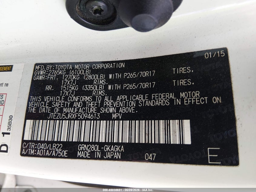 2015 Toyota 4runner VIN JTEZU5JRXF5094613 IAAI salvage auction — LEFT SIDE, Salvage Title, sold $7,000 on 2026-07-23 (photo 9)