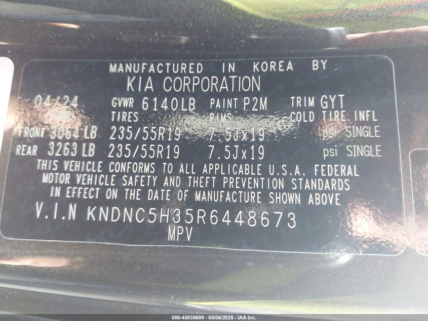 2024 Kia Carnival VIN KNDNC5H35R6448673 IAAI salvage auction — FRONT END, Salvage (Rhode Island), sold $5,550 on 2026-07-14 (photo 9)