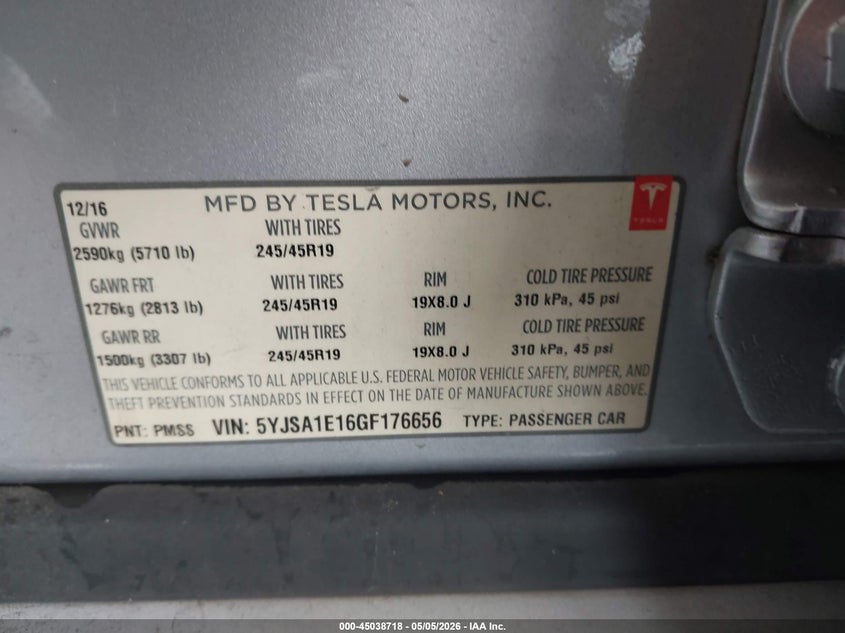2016 Tesla Model s VIN 5YJSA1E16GF176656 IAAI salvage auction — REAR END, Salvage (California), sold $4,075 on 2026-07-16 (photo 9)