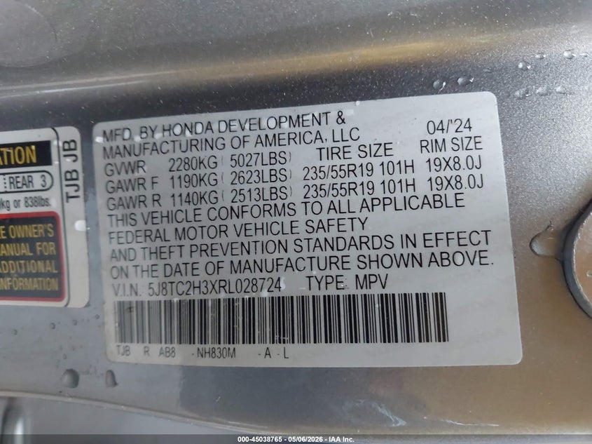 2024 Acura Rdx VIN 5J8TC2H3XRL028724 IAAI salvage auction — LEFT SIDE, Salvage (New Jersey), sold $7,725 on 2026-07-23 (photo 9)