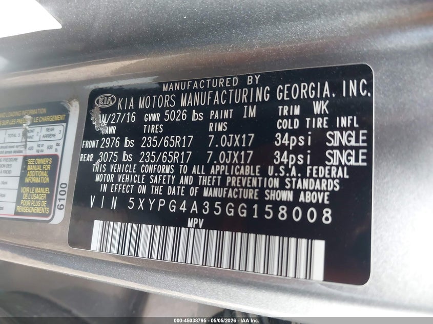 2016 Kia Sorento VIN 5XYPG4A35GG158008 IAAI salvage auction — UNKNOWN, Salvage (Arizona), sold $2,800 on 2026-07-07 (photo 9)