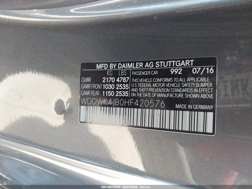 2017 Mercedes-benz C-klasse VIN WDDWK4JB0HF420576 IAAI salvage auction — FRONT END, Salvage (Texas), sold $6,650 on 2026-08-18 (photo 9)
