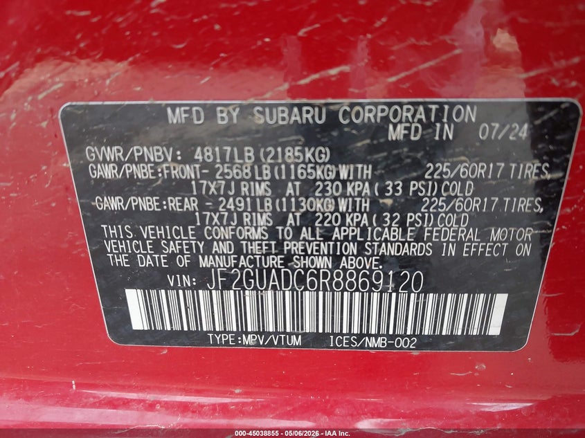 2024 Subaru Xv VIN JF2GUADC6R8869120 IAAI salvage auction — REAR END, Salvage (Texas), sold $7,100 on 2026-07-14 (photo 9)