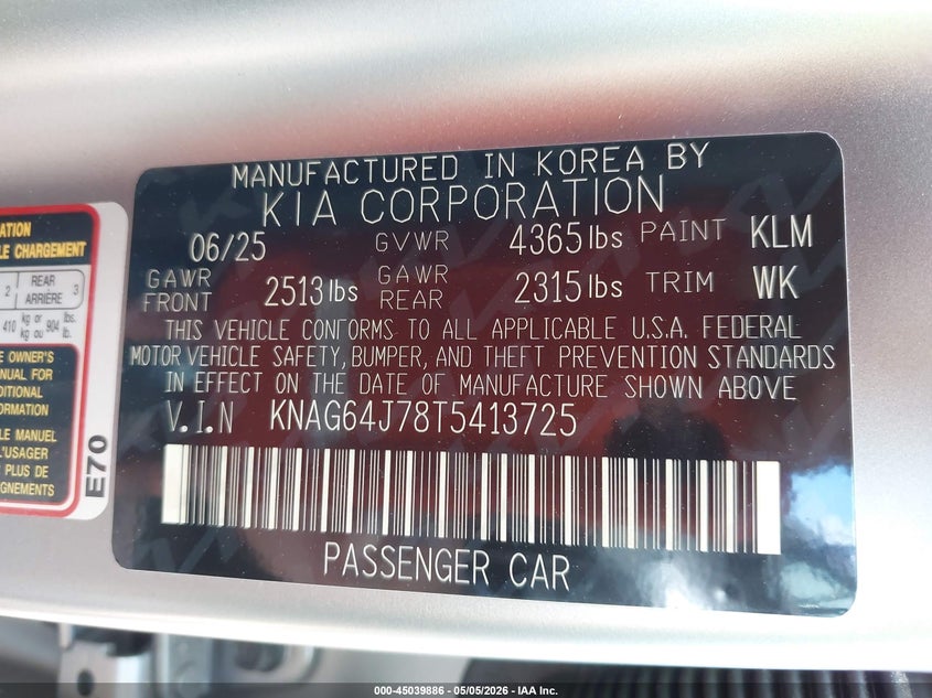 2026 Kia K5 VIN KNAG64J78T5413725 IAAI salvage auction — FRONT END, Salvage (Alabama), sold $8,625 on 2026-07-15 (photo 9)