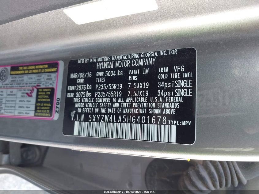 2017 Hyundai Santa fe VIN 5XYZW4LA5HG401678 IAAI salvage auction — HAIL, Original (Texas), sold $1,700 on 2026-07-28 (photo 9)