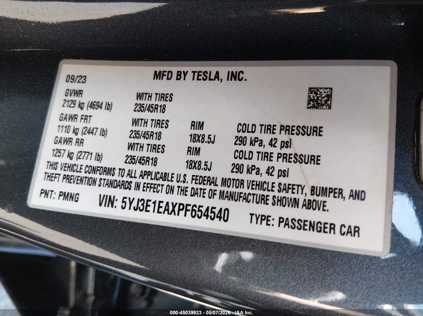 2023 Tesla Model 3 VIN 5YJ3E1EAXPF654540 IAAI salvage auction — LEFT FRONT, Salvage (New Jersey), sold $10,000 on 2026-07-16 (photo 9)
