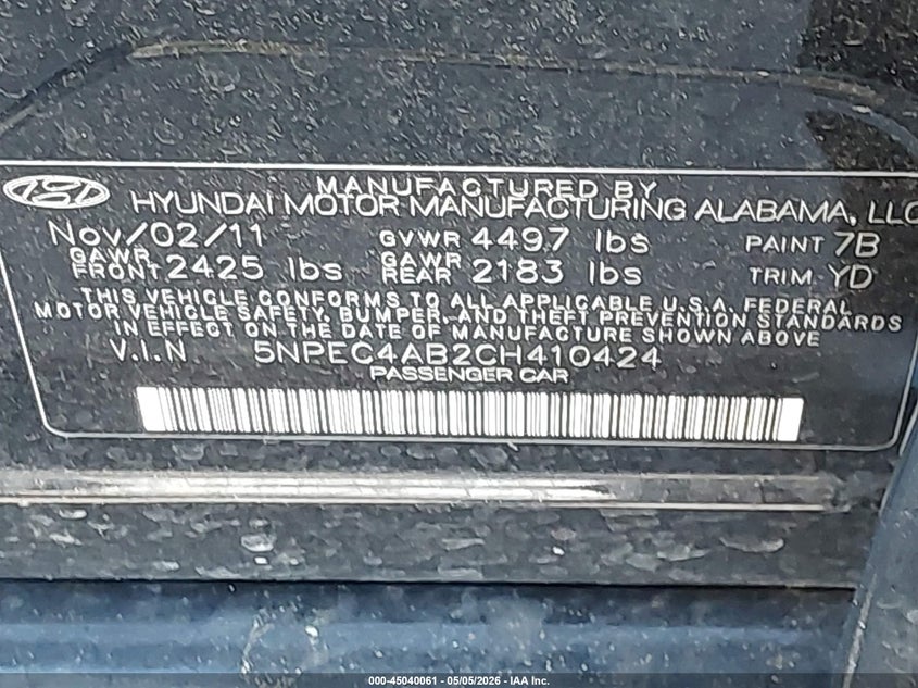 2012 Hyundai Sonata VIN 5NPEC4AB2CH410424 IAAI salvage auction — NORMAL WEAR, Salvage (Texas), sold $325 on 2026-07-29 (photo 9)