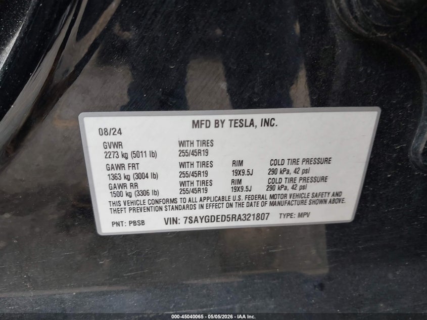 2024 Tesla Model y VIN 7SAYGDED5RA321807 IAAI salvage auction — FRONT END, Original (Texas), sold $8,900 on 2026-07-24 (photo 9)