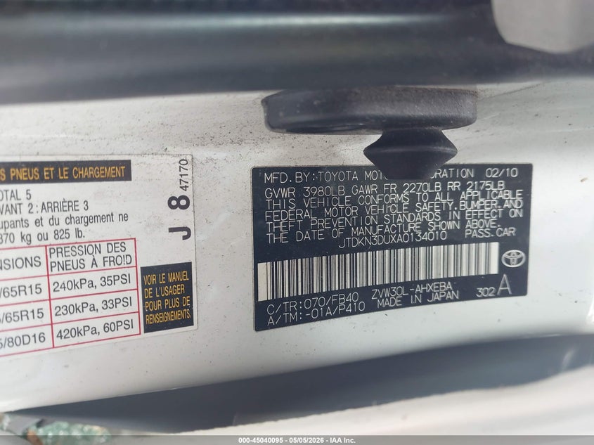 2010 Toyota Prius VIN JTDKN3DUXA0134010 IAAI salvage auction — FRONT & REAR, Non-Repairable (California), sold $400 on 2026-07-09 (photo 9)