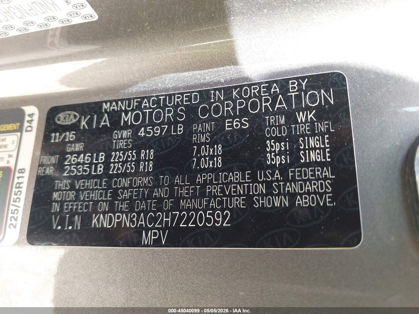 2017 Kia Sportage VIN KNDPN3AC2H7220592 IAAI salvage auction — FRONT END, Salvage (North Carolina), sold $2,800 on 2026-07-27 (photo 9)